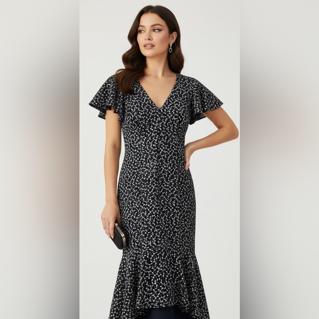 Nwt Carmen Marc Valvo Infusion Navy Blue Embellished Flutter Sleeve Floral Dress
